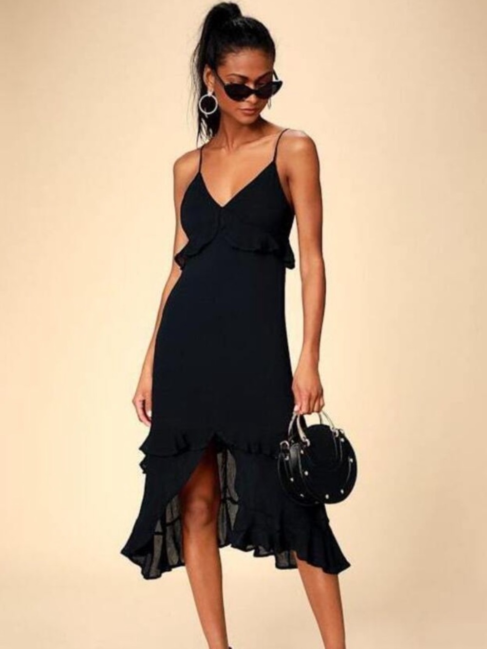 Lulus Island Time Black Midi Ruffle High Low Dress (Size M)
